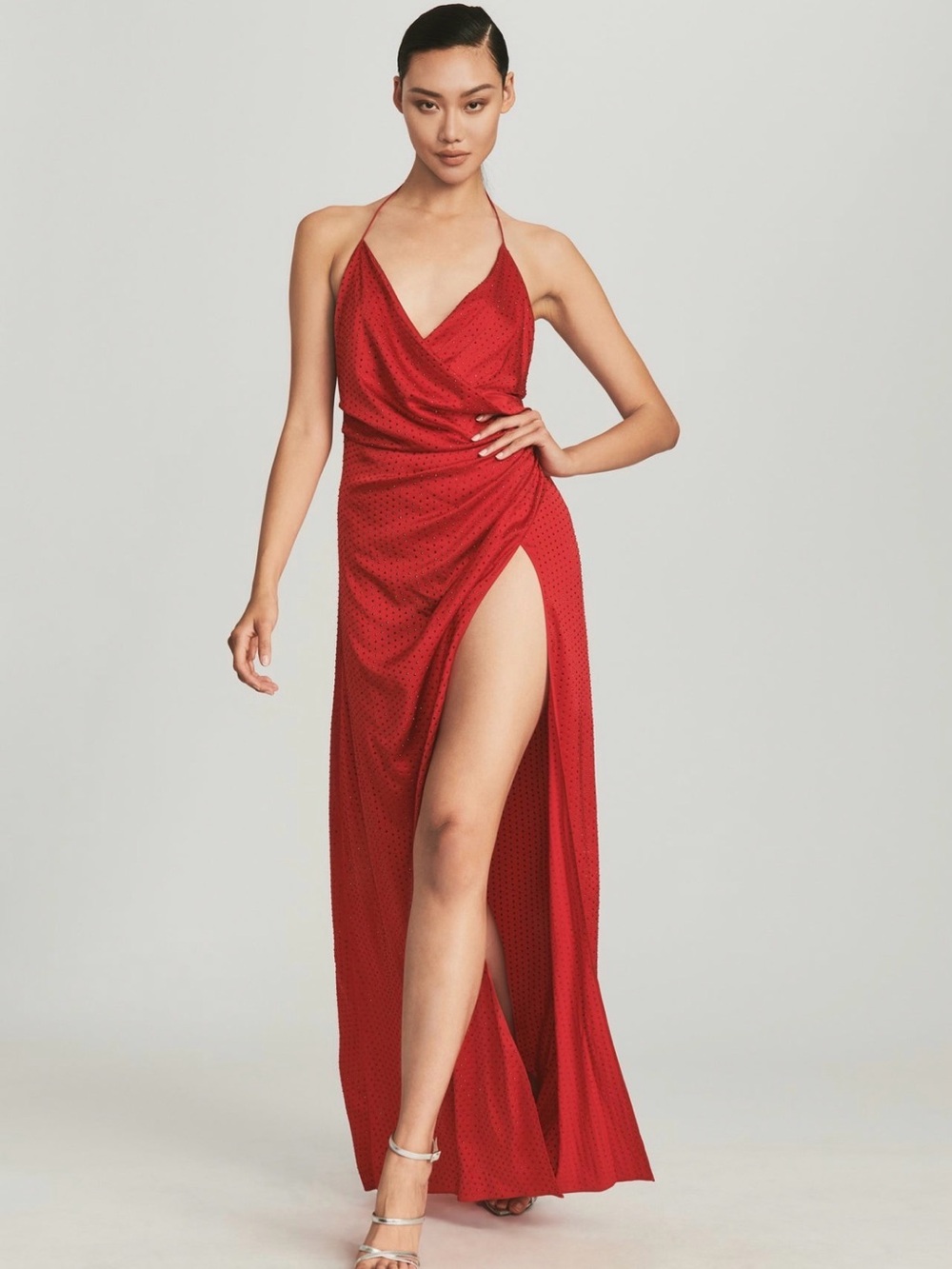 Retrofete Red Backless Halter Gown with High Slit